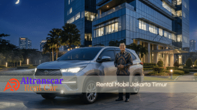 Supir Altranscar Rent Car berseragam batik siap melayani rental mobil Jakarta Timur dengan Innova Zenix silver di kawasan perkantoran modern.