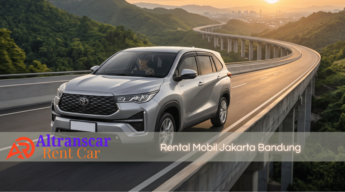 Mobil Innova Zenix silver Altranscar Rent Car melintas di jalan tol layang saat sunset, layanan rental mobil Jakarta Bandung dengan supir profesional.