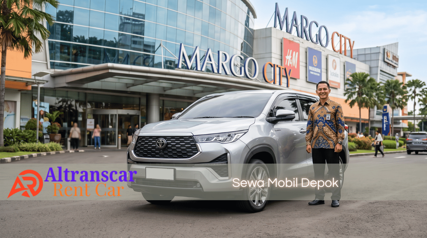 Supir Altranscar Rent Car berseragam batik siap melayani sewa mobil Depok dengan Innova Zenix silver di depan Margo City.