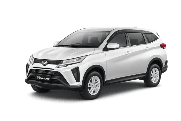 Daihatsu Terios putih tampak serong depan dan samping untuk layanan sewa mobil Jakarta dengan driver profesional