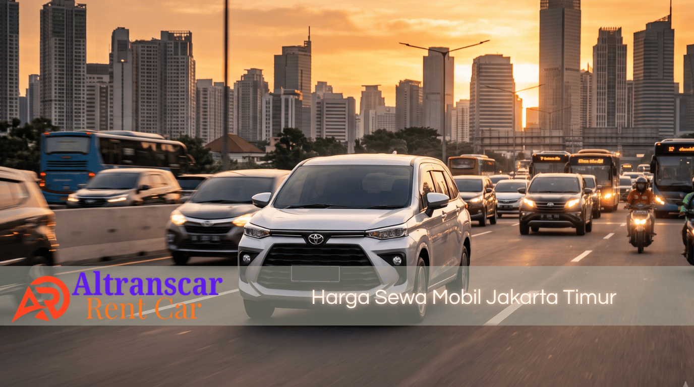Mobil Toyota Avanza putih Altranscar Rent Car di tengah lalu lintas Jakarta saat sunset, ilustrasi harga sewa mobil Jakarta Timur dengan supir yang terjangkau.